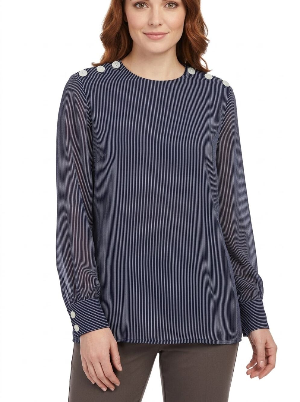 Doncaster Navy Crew Neck Lightweight Striped Pinstripe Blouse Women Size 14